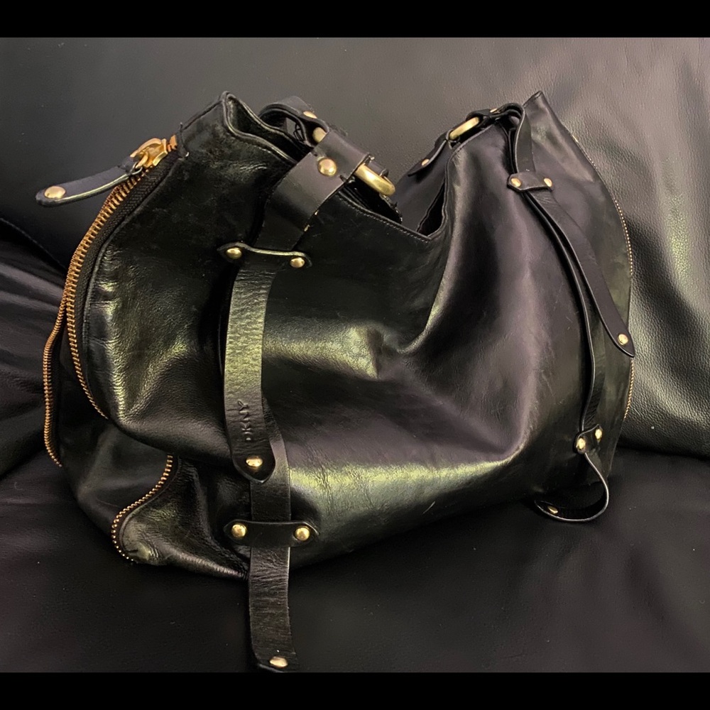 DKNY Shoulder Bag Black Leather Zippers Belts